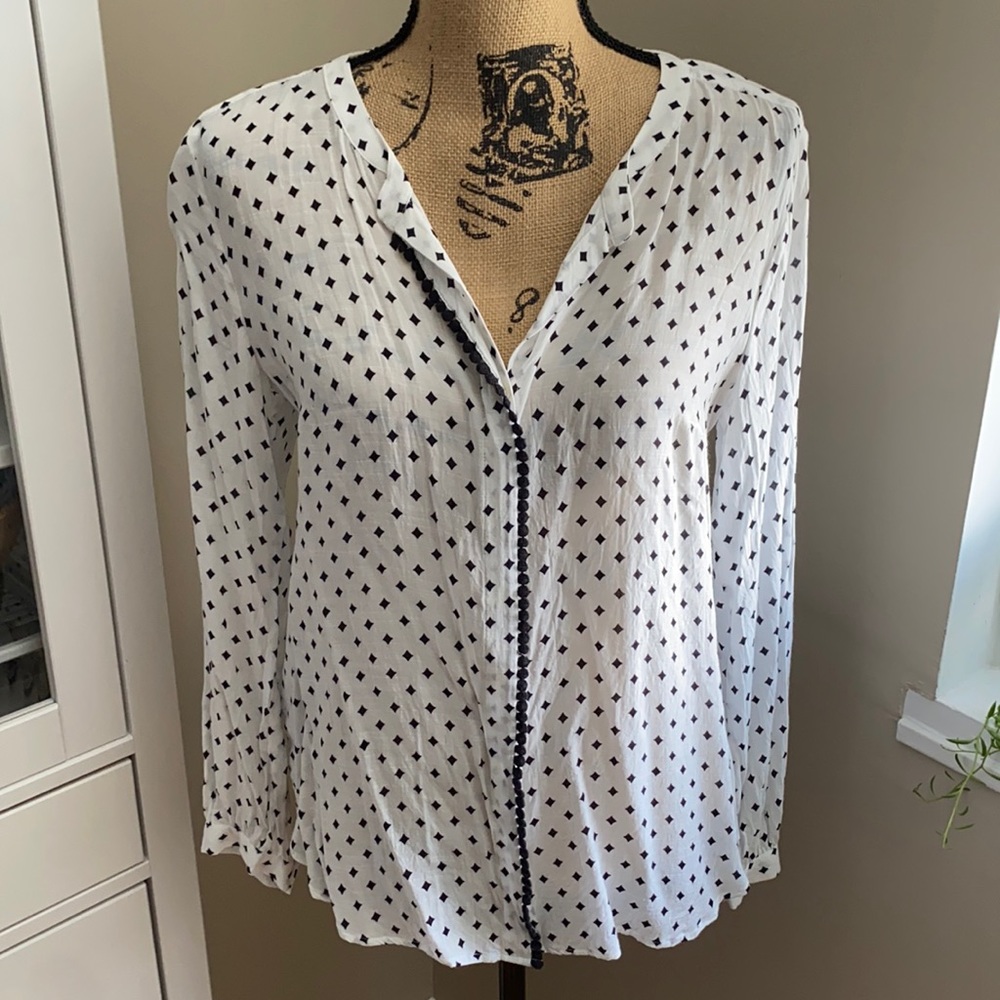 LOFT White Button-Down Shirt with Black Diamond Print